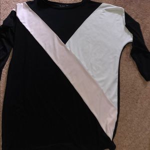 long sleeve pink, black and white shirt dress